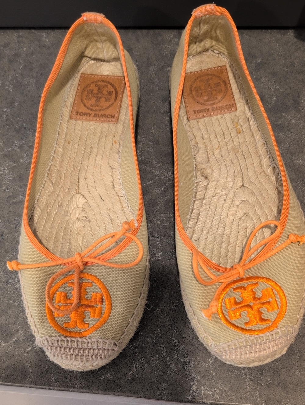 Tory Burch Beige Canvas Espadrille Flats with Orange Trim